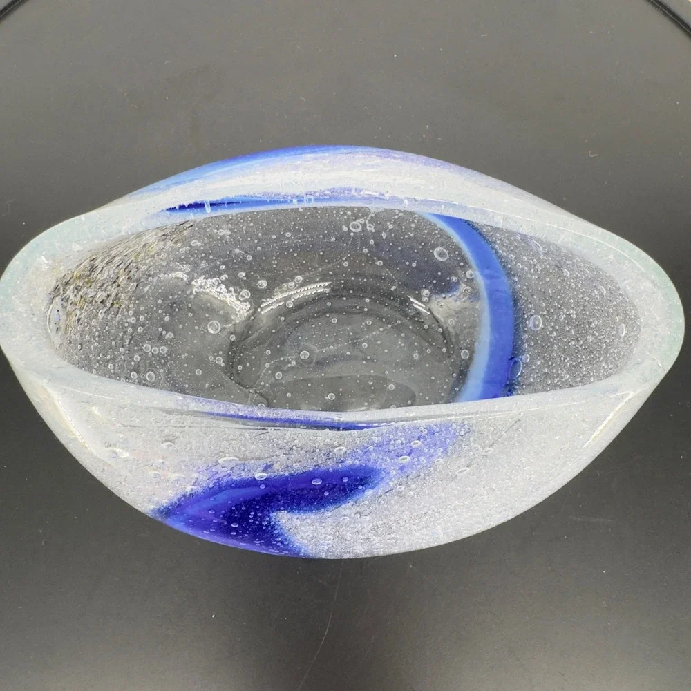 Murano Style Blown Art Glass Cobalt Blue Swirl Controlled Bubble Confetti Heavy